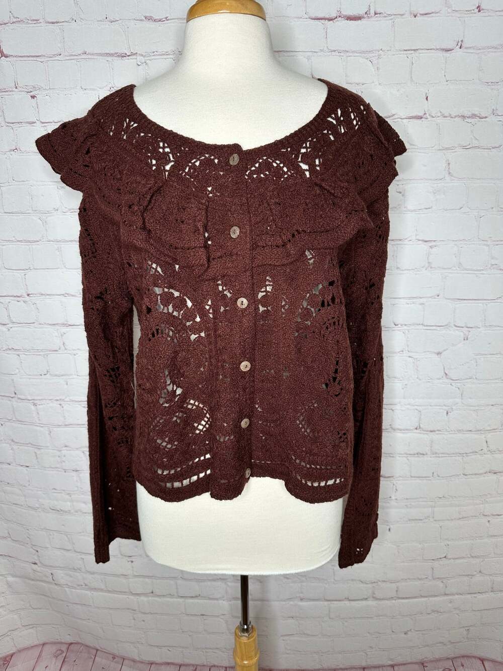 NWOT Ultra Pink Brown Crochet Wide Collar Cardigan Women’s Grannycore